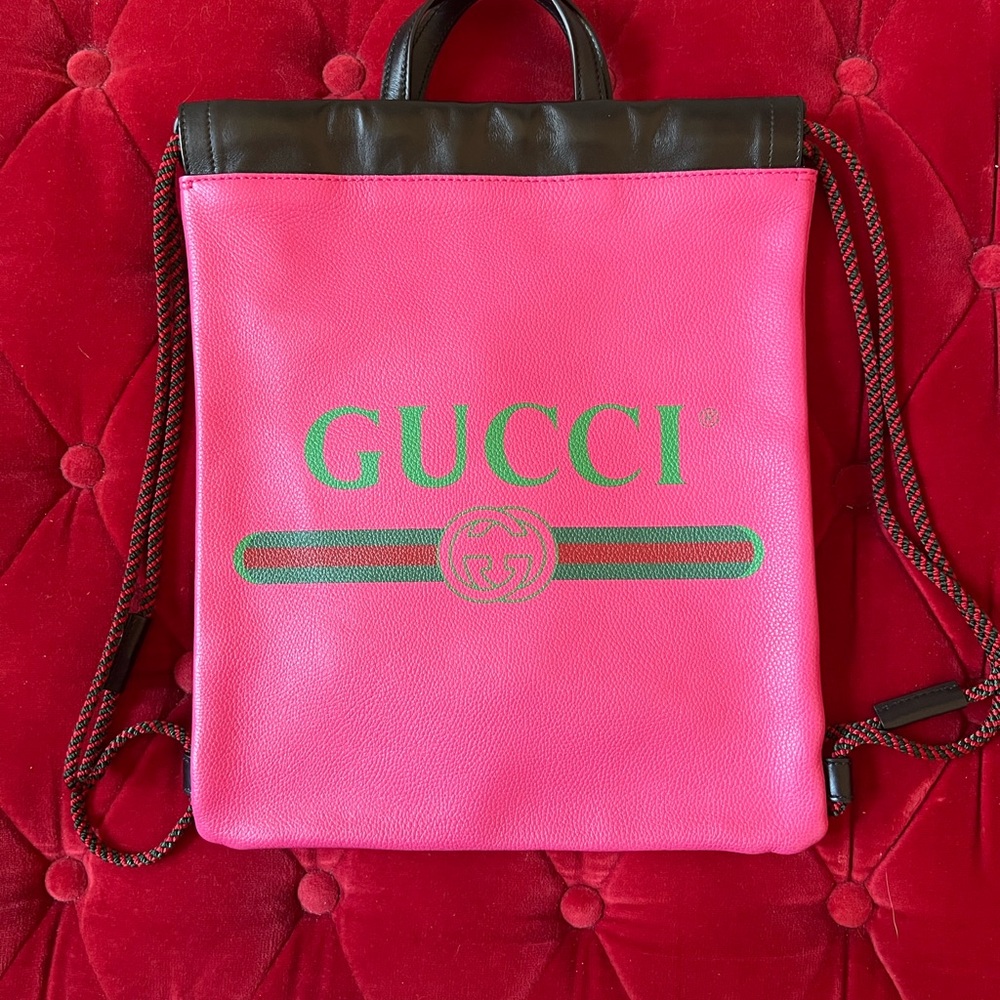 New GUCCI Logo Drawstring Leather Backpack Handbag Two-Way Bag